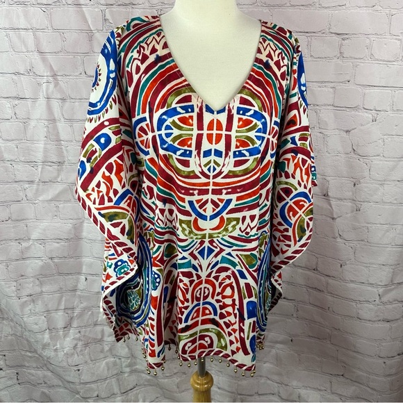 chico's bright tribal geometric Patterned blouse poncho sz L/XL beaded fringe - Picture 1 of 10